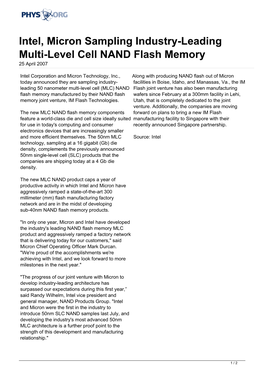 Intel, Micron Sampling Industry-Leading Multi-Level Cell NAND Flash Memory 25 April 2007
