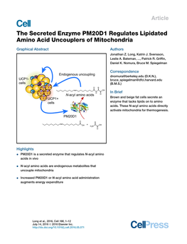 The Secreted Enzyme PM20D1 Regulates Lipidated Amino Acid Uncouplers of Mitochondria