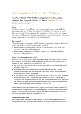 Clarke on Behalf of the Wotjobaluk, Jaadwa, Jadawadjali, Wergaia and Jupagulk Peoples V Victoria [2005] FCA 1795 Merkel J, 13 December 2005