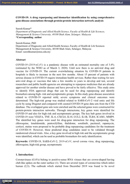 COVID-19: a Drug Repurposing and Biomarker Identification by Using Comprehensive Gene-Disease Associations Through Protein-Protein Interaction Network Analysis