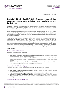 Natixis' 2019 C.A.M.P.U.S. Awards Reward Ten Student, Community