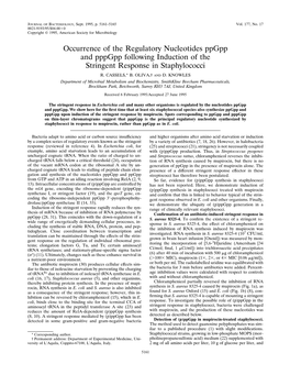 Occurrence of the Regulatory Nucleotides Ppgpp and Pppgpp Following Induction of the Stringent Response in Staphylococci