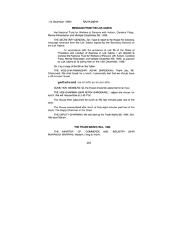 16 December, 19991 RAJYA SABHA MESSAGE from the LOK SABHA Hie National Trust for Welfare of Persons with Autism, Cerebral Palsy