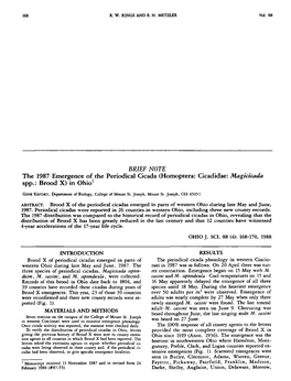 BRIEF NOTE the 1987 Emergence of the Periodical Cicada (Homoptera: Cicadidae: Magicicada Spp.: Brood X) in Ohio1