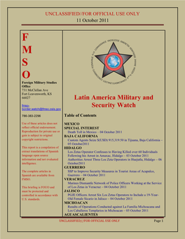 F M S O Foreign Military Studies Office 731 Mcclellan Ave Fort Leavenworth, KS 66027 Latin America Military and Fmso- Security Watch Border.Watch@Fmso.Osis.Gov