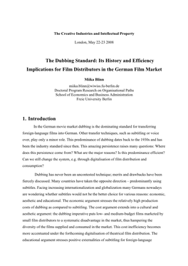 The Dubbing Standard: Its History and Efficiency Implications for Film Distributors in the German Film Market