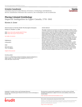 Placing Colonial Ornithology Imperial Ambiguities in Upper Canada, 1791- 1841 Kirsten A