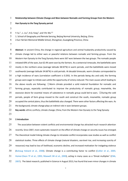 Relationship Between Climate Change and Wars Between Nomadic and Farming Groups from the Western 1 Han Dynasty to the Tang Dynasty Period 2