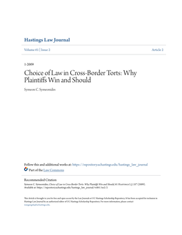 Choice of Law in Cross-Border Torts: Why Plaintiffs Win and Should Symeon C