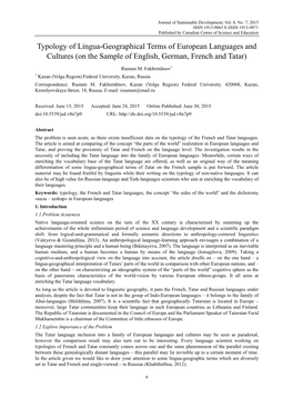 Typology of Lingua-Geographical Terms of European Languages and Cultures (On the Sample of English, German, French and Tatar)