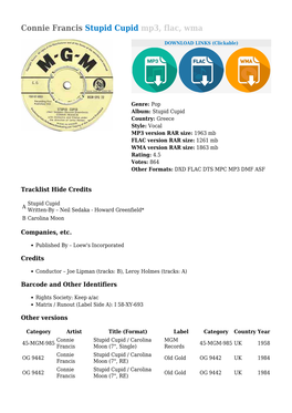 Connie Francis Stupid Cupid Mp3, Flac, Wma