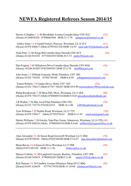 NEWFA Registered Referees Season 2014/15