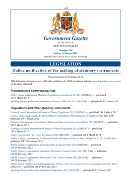 Government Gazette of the STATE of NEW SOUTH WALES Number 26 Friday, 9 March 2012 Published Under Authority by Government Advertising