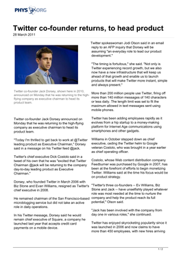 Twitter Co-Founder Returns, to Head Product 28 March 2011