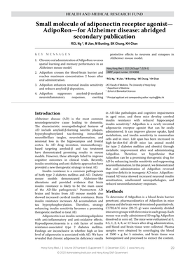 Small Molecule of Adiponectin Receptor Agonist— Adiporon—For Alzheimer Disease: Abridged Secondary Publication RCL Ng *, M Jian, M Bunting, SK Chung, KH Chan