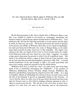 On a Hoard of Bronze Objects Found in Wilburton Fen, Near Ely. by JOHN EVANS, Esq., D.G.L., LL.B., F.B.S