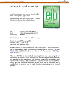 Antihistaminergics and Inverse Agonism. Potential Therapeutic Applications, European Journal of Pharmacology, 10.1016/J.Ej- Phar.2013.06.027