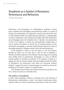 Dreadlocks As a Symbol of Resistance: Performance and Reflexivity Tendai Mutukwa