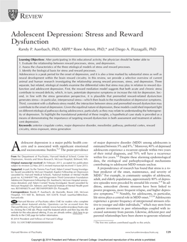 Adolescent Depression: Stress and Reward Dysfunction