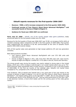 Ubisoft Reports Revenues for the First-Quarter 2006-2007