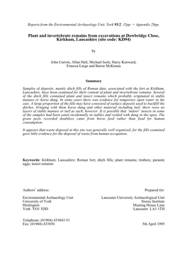 Plant and Invertebrate Remains from Excavations at Dowbridge Close, Kirkham, Lancashire (Site Code: KD94)