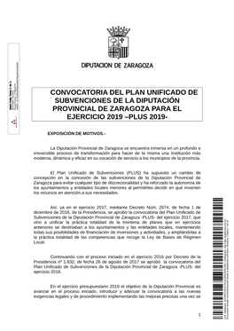 Convocatoria Del Plan Unificado De Subvenciones De La Diputación Provincial De Zaragoza Para El Ejercicio 2019 –Plus 2019