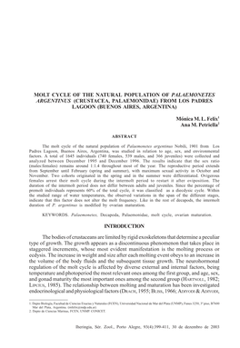 Molt Cycle of the Natural Population of Palaemonetes Argentinus (Crustacea