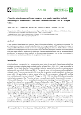 Primulina Sinovietnamica (Gesneriaceae), a New Species Identified by Both Morphological and Molecular Characters from the Limestone Area in Guangxi, China