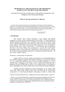 Metropolitan Arrangements in the Philippines: Passing Fancy Or the Future Megatrend?