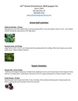 42Nd Street Greenhouse 2020 Pepper List Green Bell Varieties Sweet Varieties