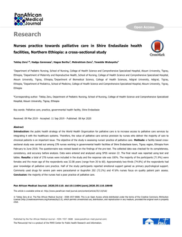 Nurses Practice Towards Palliative Care in Shire Endasilasie Health Facilities, Northern Ethiopia: a Cross-Sectional Study