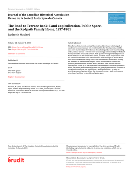 Land Capitalization, Public Space, and the Redpath Family Home, 1837-1861 Roderick Macleod