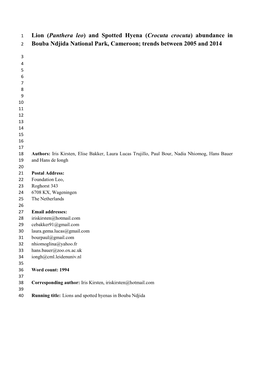 Lion (Panthera Leo) and Spotted Hyena (Crocuta Crocuta) Abundance in 2 Bouba Ndjida National Park, Cameroon; Trends Between 2005 and 2014