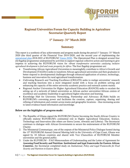 Regional Universities Forum for Capacity Building in Agriculture Secretariat Quarterly Report