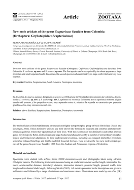 New Mole Crickets of the Genus Scapteriscus Scudder from Colombia (Orthoptera: Gryllotalpidae; Scapteriscinae)