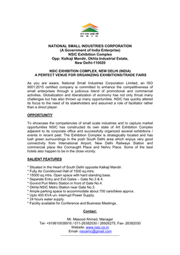 NATIONAL SMALL INDUSTRIES CORPORATION (A Government of India Enterprise) NSIC Exhibition Complex Opp: Kalkaji Mandir, Okhla Industrial Estate, New Delhi-110020