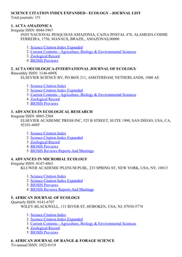 SCIENCE CITATION INDEX EXPANDED ­ ECOLOGY ­ JOURNAL LIST Total Journals: 151