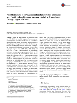 Possible Impacts of Spring Sea Surface Temperature Anomalies Over South Indian Ocean on Summer Rainfall in Guangdong- Guangxi Region of China