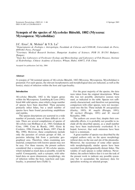Synopsis of the Species of Myxobolus Bu¨Tschli, 1882 (Myxozoa: Myxosporea: Myxobolidae)