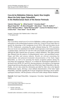 Cova De Les Malladetes (Valencia, Spain): New Insights About the Early Upper Palaeolithic in the Mediterranean Basin of the Iberian Peninsula