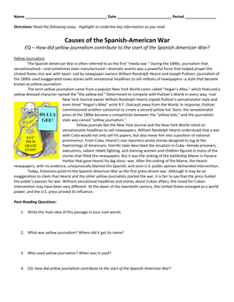 Causes of the Spanish-American War EQ – How Did Yellow Journalism Contribute to the Start of the Spanish-American War?