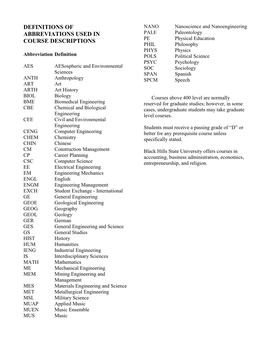 Definitions of Abbreviations Used in Course Descriptions