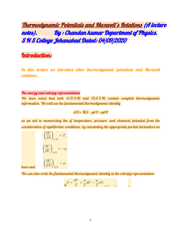 Thermodynamic Potentials and Maxwell's Relations