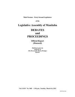 Legislative Assembly of Manitoba DEBATES and PROCEEDINGS Official Report