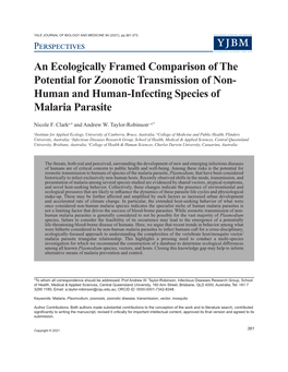 An Ecologically Framed Comparison of the Potential for Zoonotic Transmission of Non- Human and Human-Infecting Species of Malaria Parasite