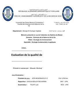 Evaluation De La Qualité De L'eau Du Barrage Hammam