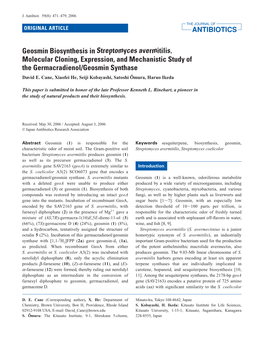 Geosmin Biosynthesis in Streptomyces Avermitilis. Molecular Cloning, Expression, and Mechanistic Study of the Germacradienol/Geosmin Synthase David E
