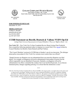 CCRB Statement on Borelli, Deutsch & Vallone NYDN Op-Ed