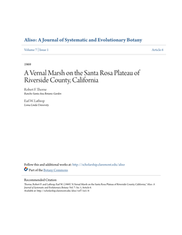 A Vernal Marsh on the Santa Rosa Plateau of Riverside County, California Robert F