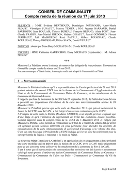 CONSEIL DE COMMUNAUTE Compte Rendu De La Réunion Du 17 Juin 2013